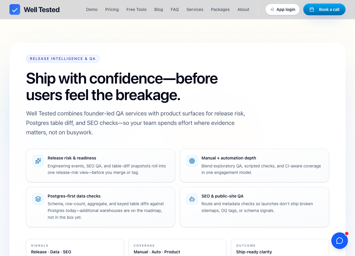 Welltested quality dashboard with release and coverage views.